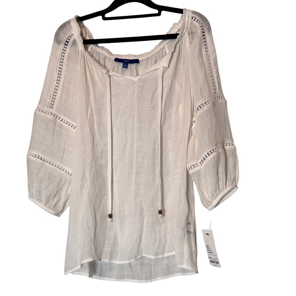 Apt. 9 White Tie Front lose fitting boho‎ blouse eyelet detail bohemian beads